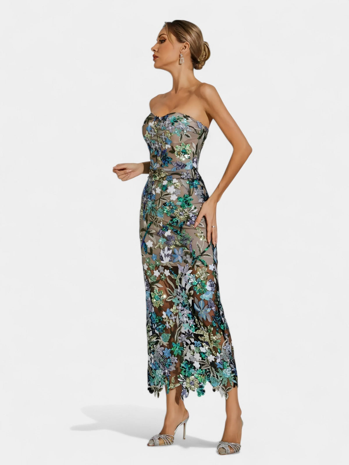 Strapless Floral Sequin Sheer Hem Maxi Dress 20