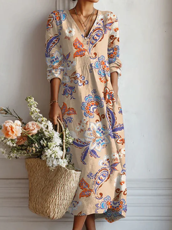 Paisley Floral V-Neck Long Sleeve Midi Dress