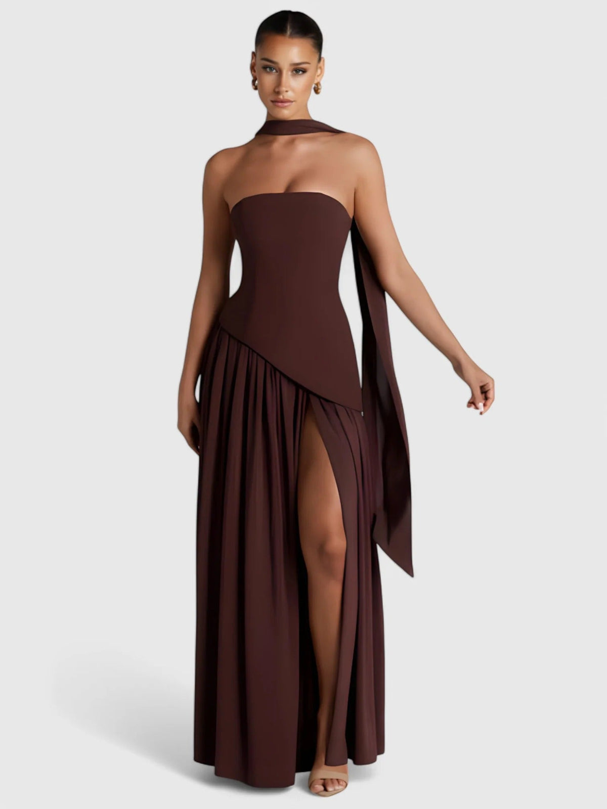 Strapless Scarf Neck Pleated Peplum Maxi Dress 11
