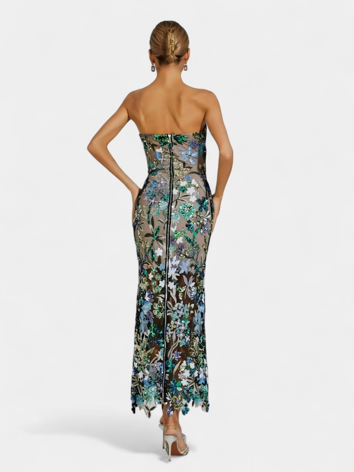 Strapless Floral Sequin Sheer Hem Maxi Dress 22