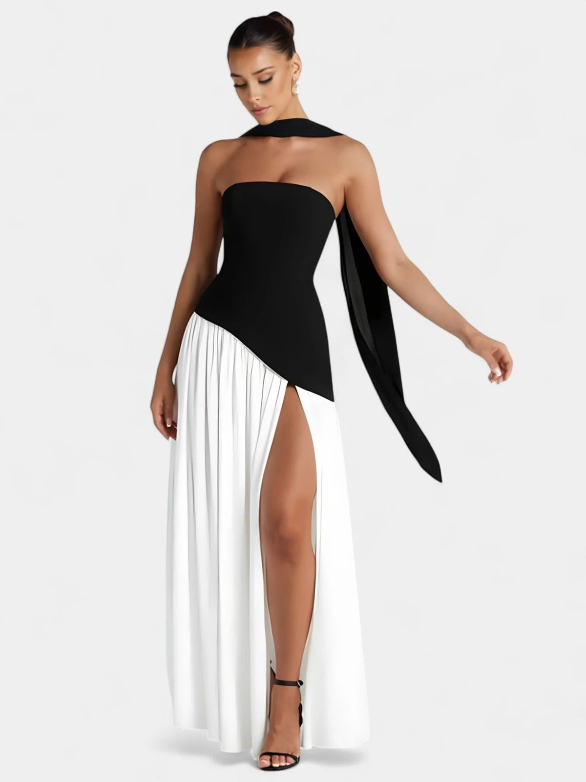 Strapless Scarf Neck Pleated Peplum Maxi Dress 12