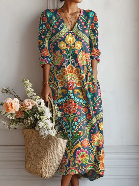 Paisley Floral V-Neck Long Sleeve Midi Dress