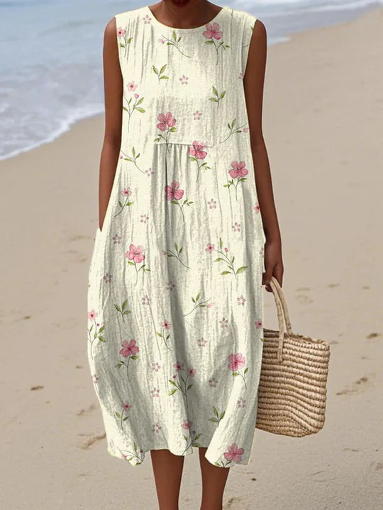 Floral Sleeveless Round Neck Midi Dress