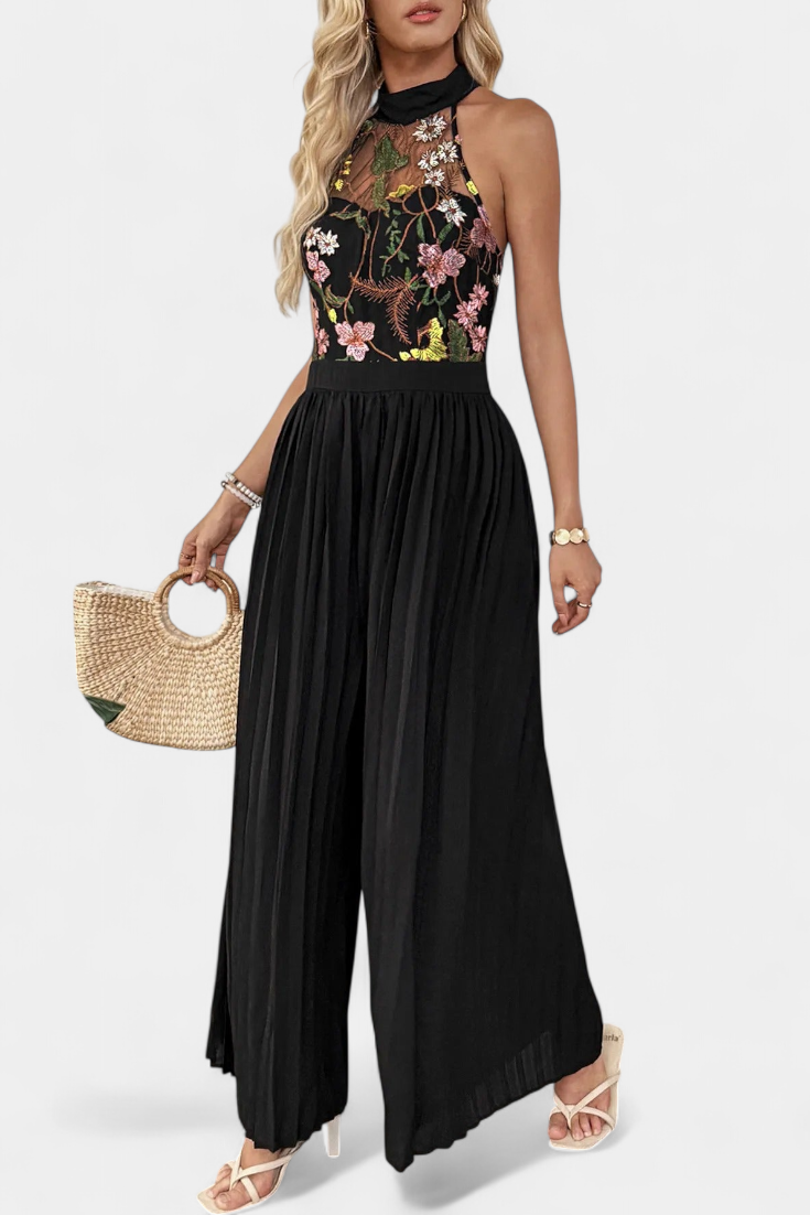 Floral Embroidered Halter Neck Pleated Wide Leg Jumpsuit