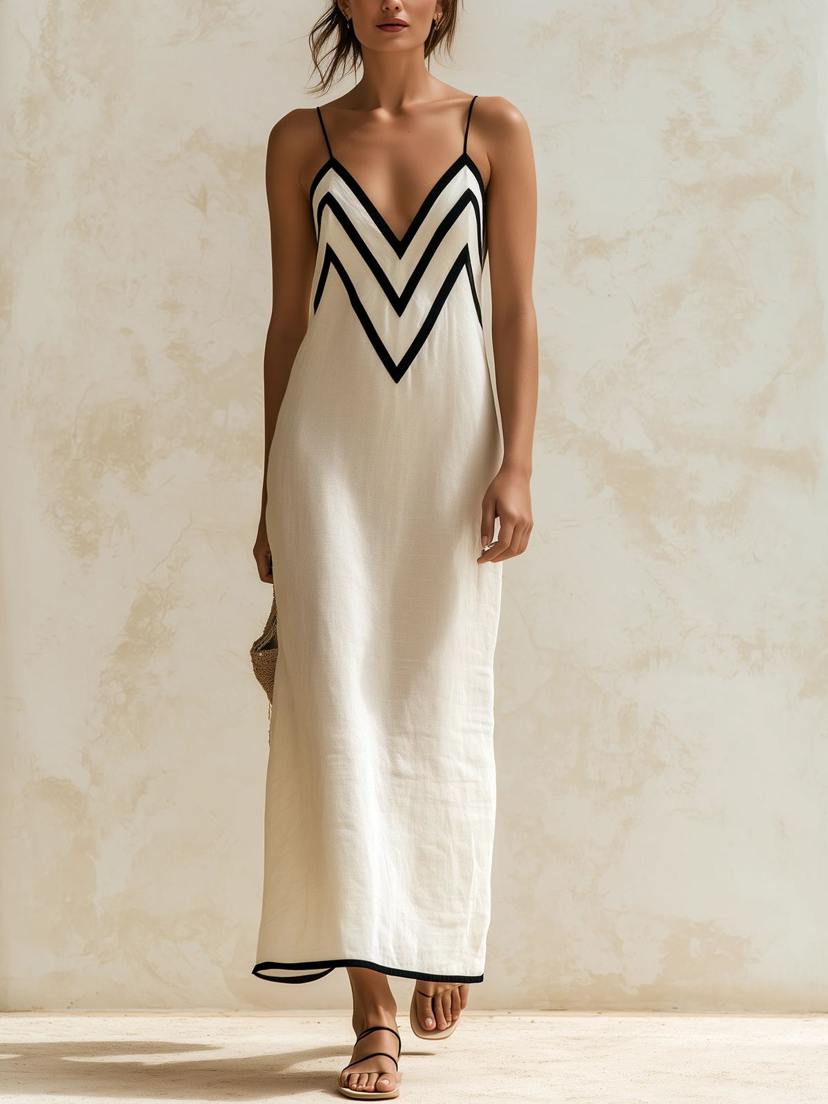 Chevron Contrast Trim V-Neck Cami Maxi Dress