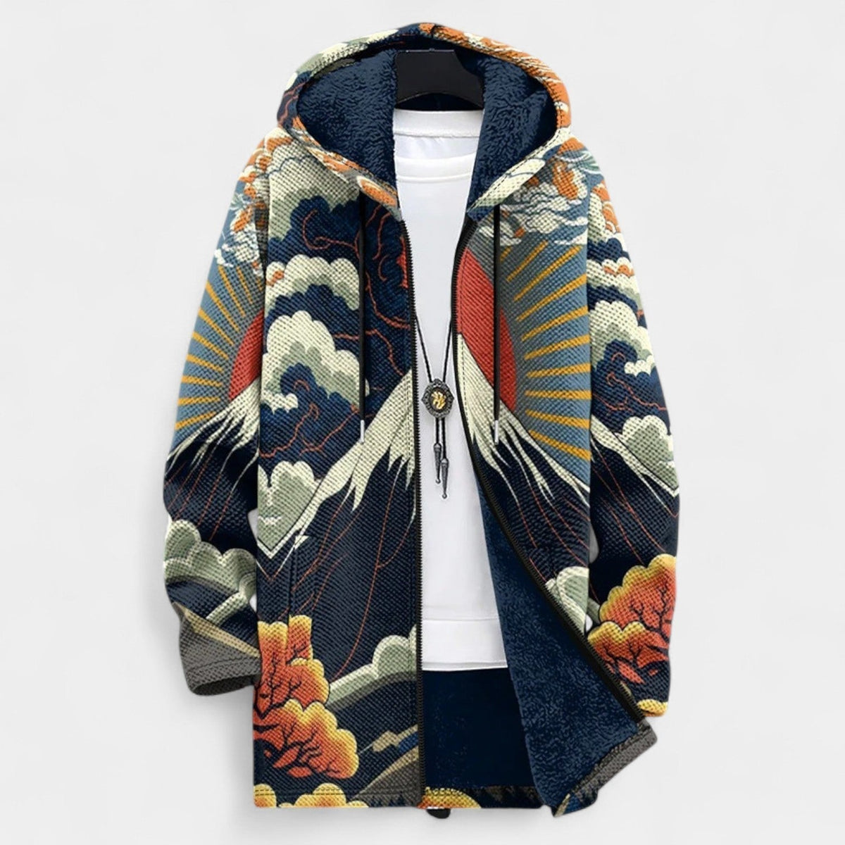 Mountain Wave Print Hooded Fleece Lined Knit Cardigan