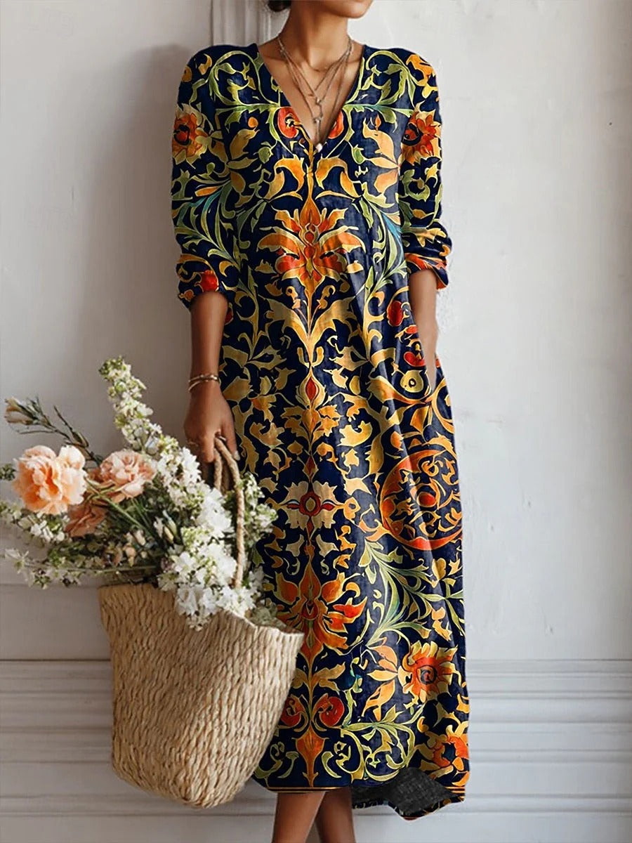 Baroque Floral V-Neck Long Sleeve Button Front Midi Dress