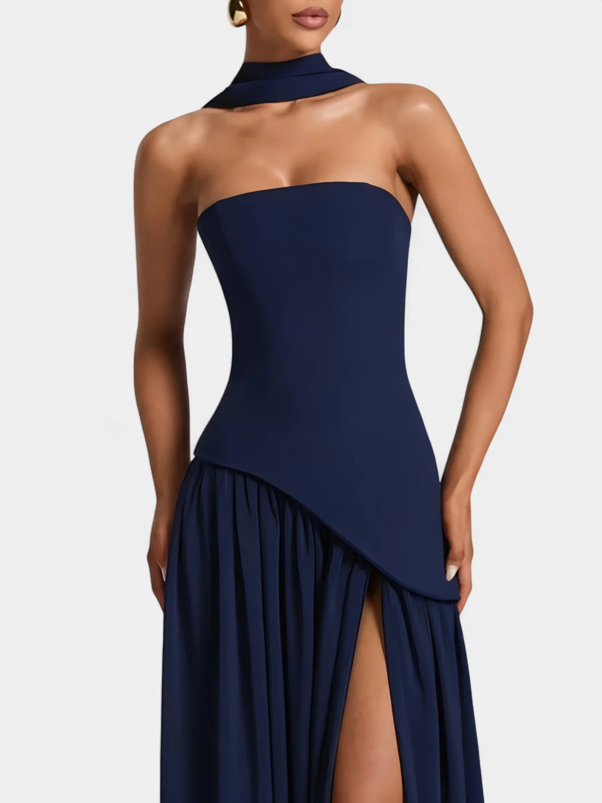 Strapless Scarf Neck Pleated Peplum Maxi Dress 19