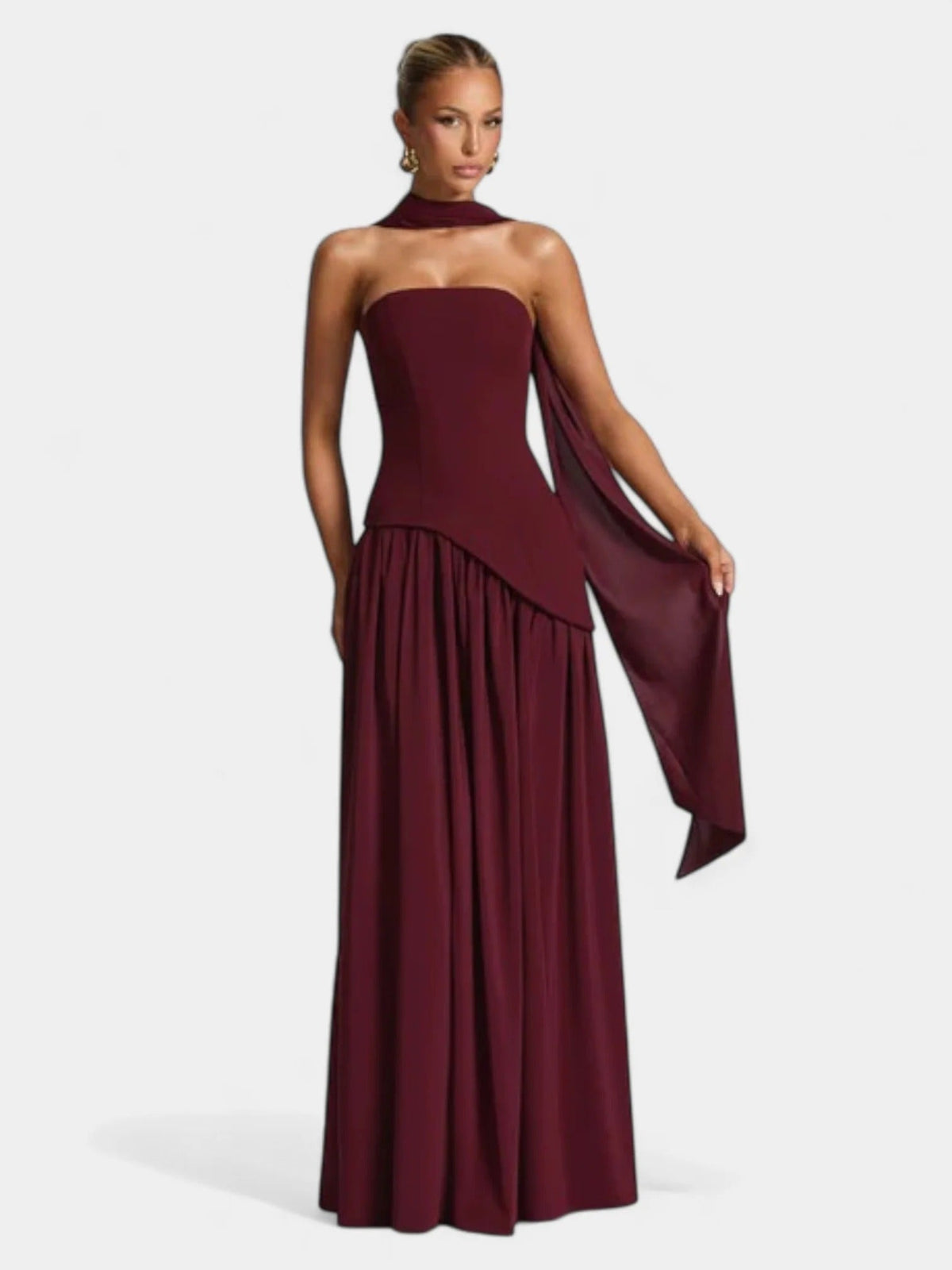 Strapless Scarf Neck Pleated Peplum Maxi Dress 22