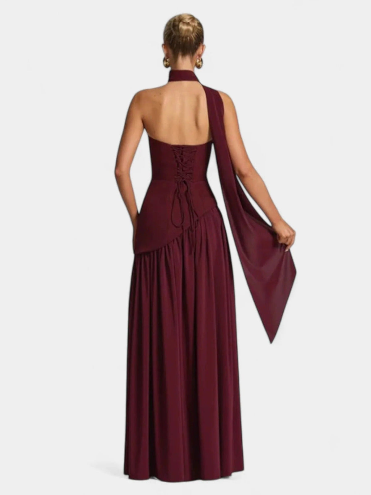 Strapless Scarf Neck Pleated Peplum Maxi Dress 23