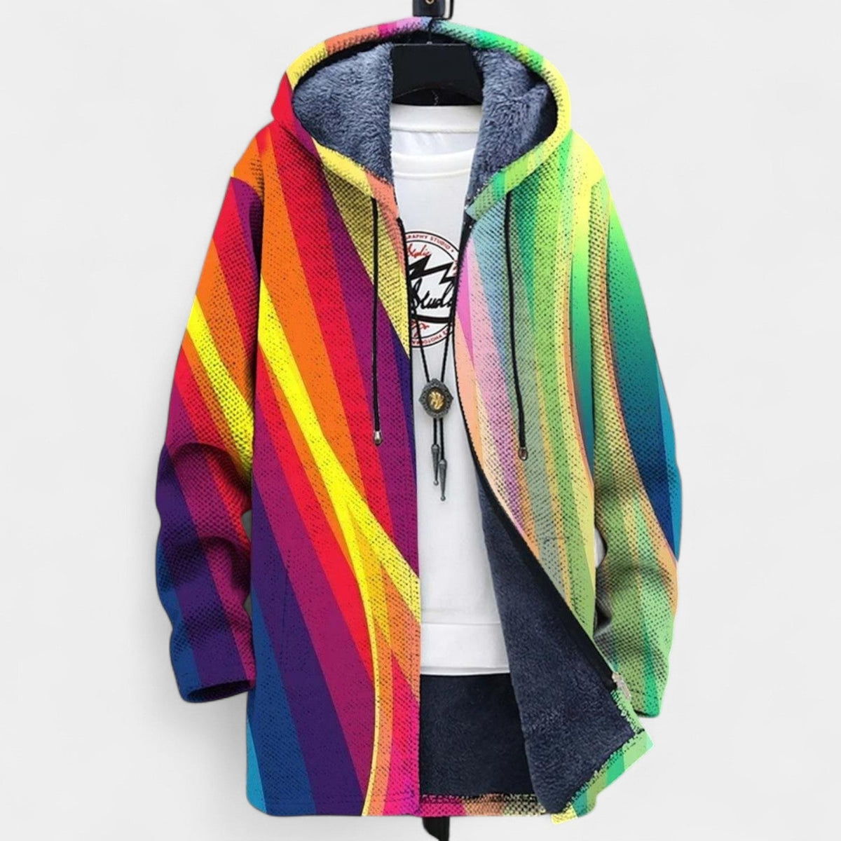 Rainbow Stripe Fleece Lined Hooded Zip Front Jacket