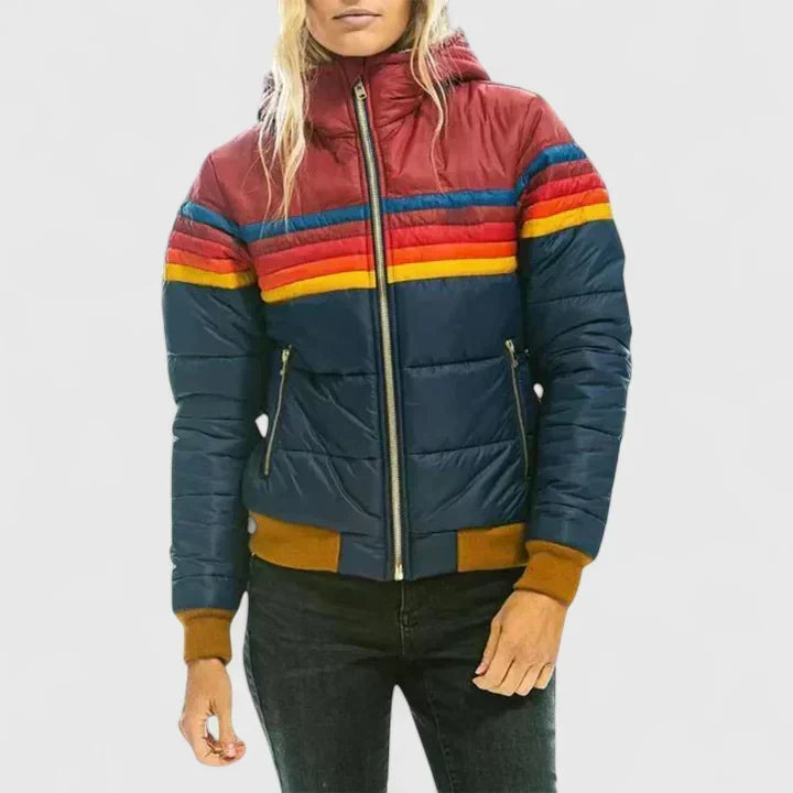 Retro Stripe Zip Front Stand Collar Puffer Jacket 2