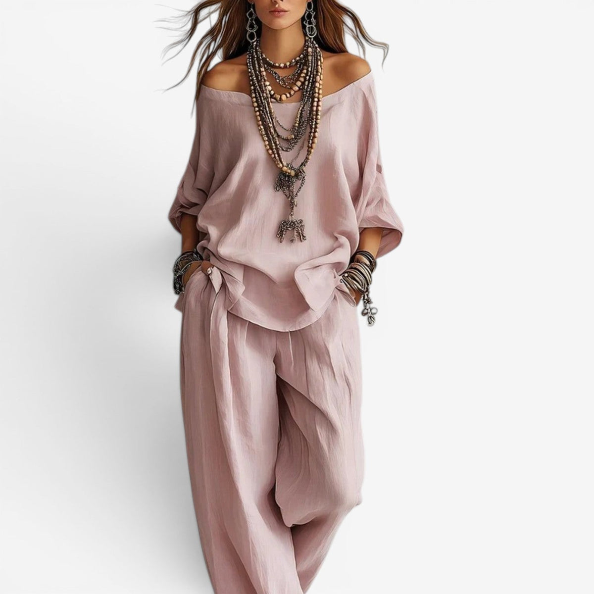 Boat Neck Long Sleeve Top and Tapered Pants Two Piece Set