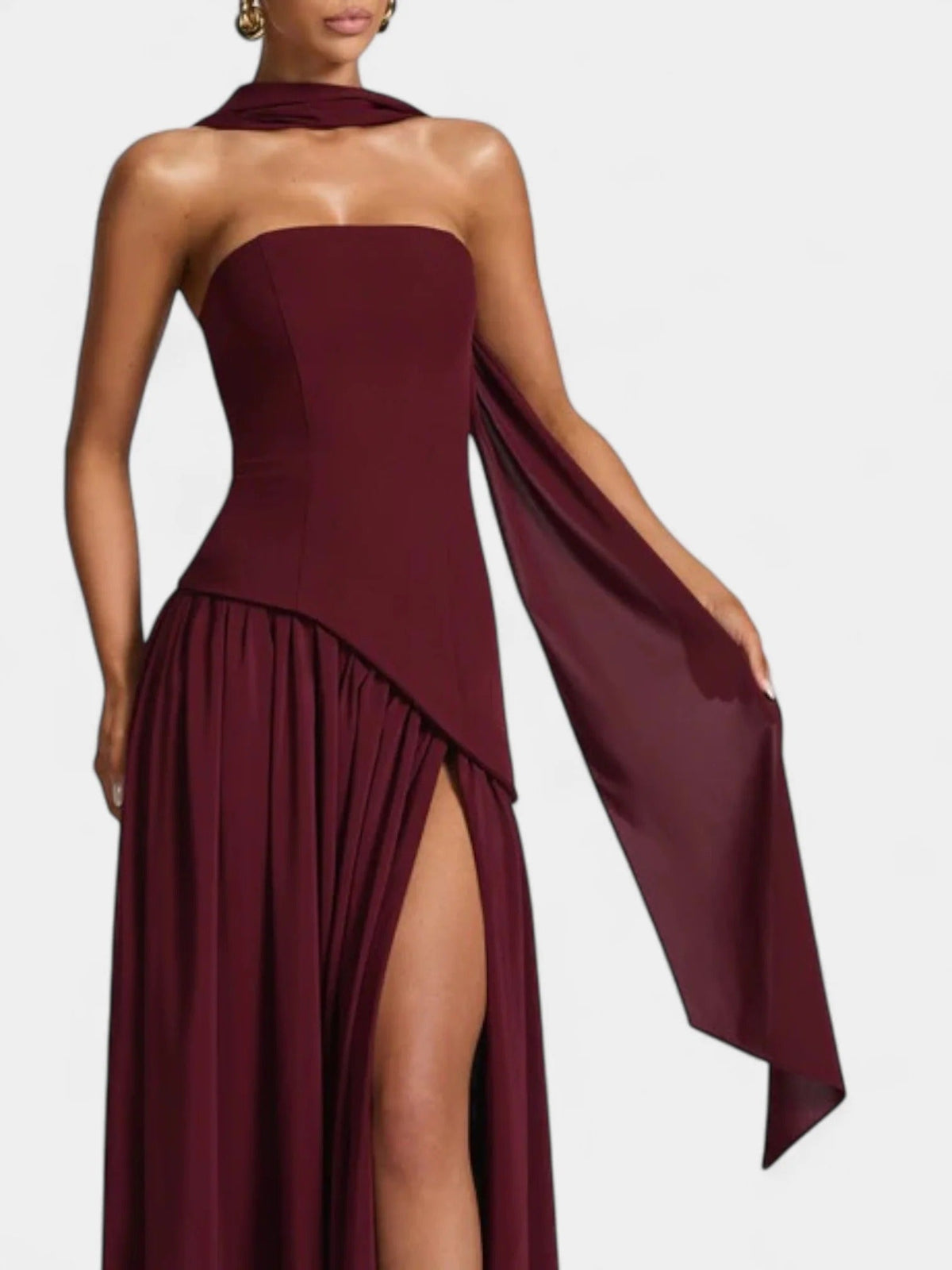 Strapless Scarf Neck Pleated Peplum Maxi Dress 24