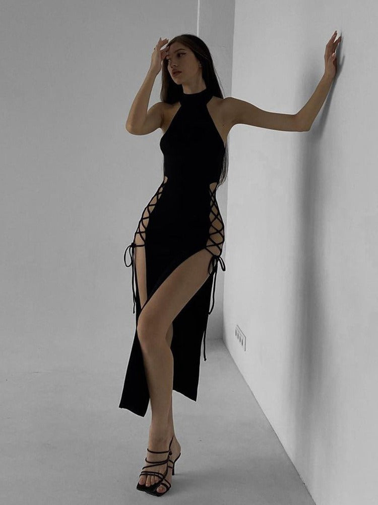 Hollow out sleeveless lace up slit solid maxi dress - View 5