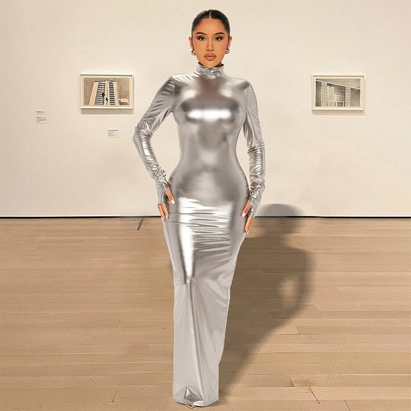 Metallic long sleeve high neck gloves backless ruched maxi dress
