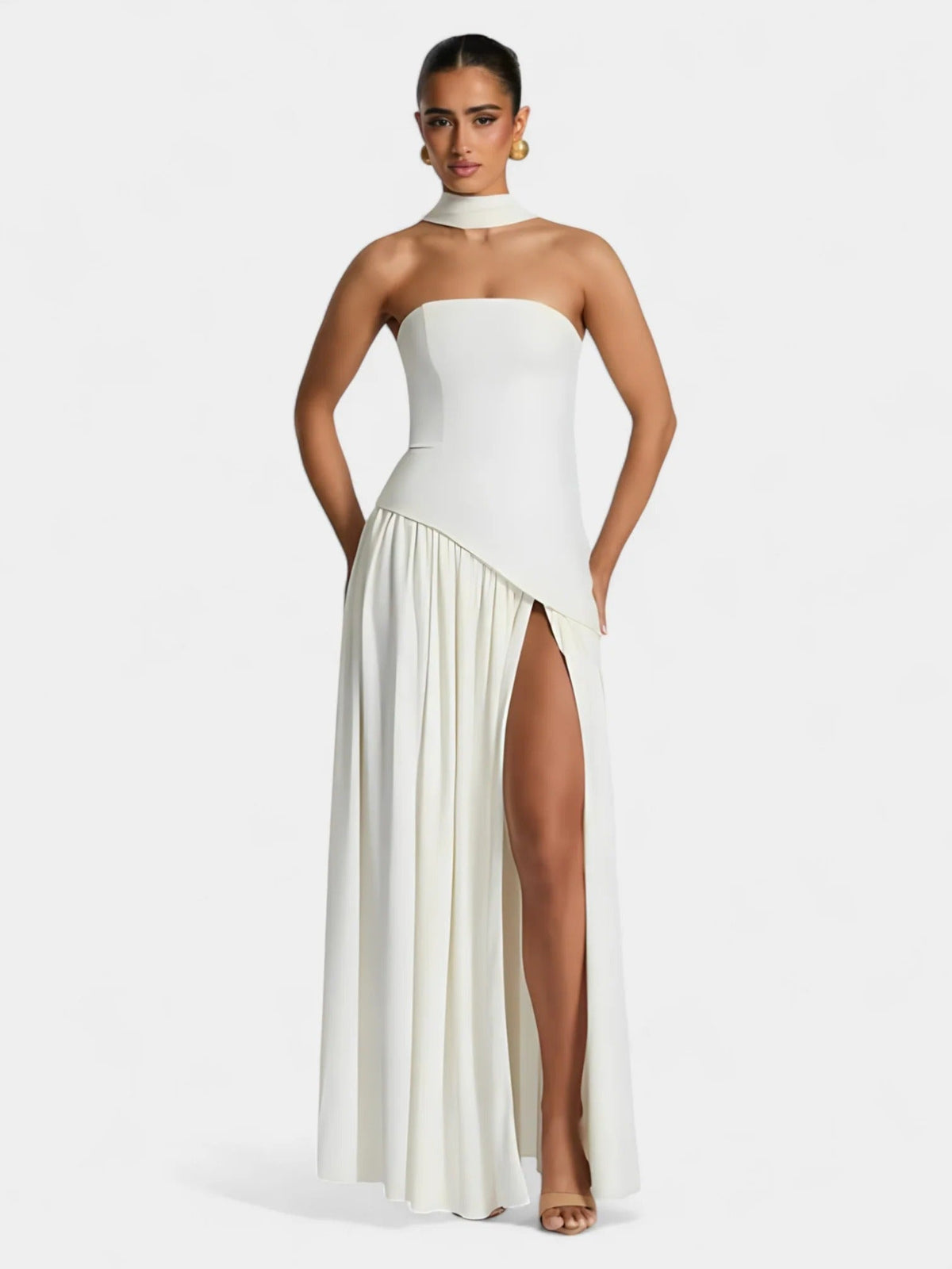 Strapless Scarf Neck Pleated Peplum Maxi Dress 32