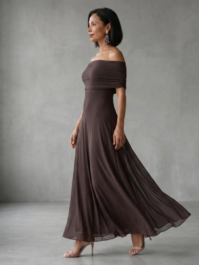 Off Shoulder Ruched Short Sleeve Chiffon Fit and Flare Maxi Dress 6