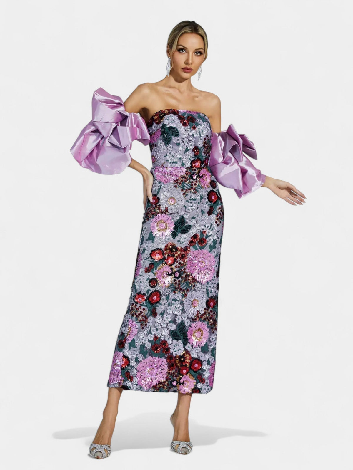 Strapless Floral Sequin Sheer Hem Maxi Dress 9