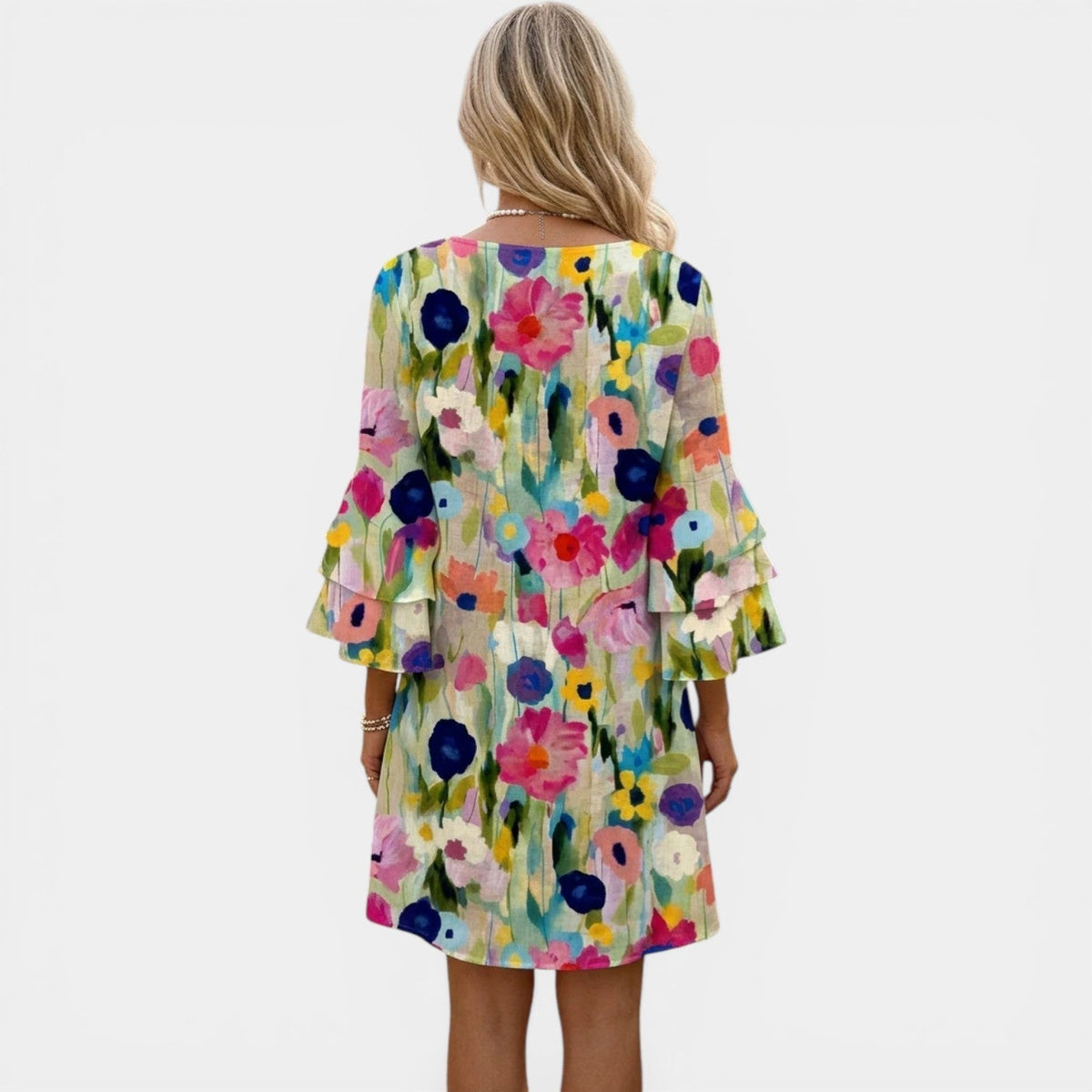 Watercolor Floral V-Neck Flare Sleeve Mini Dress 2