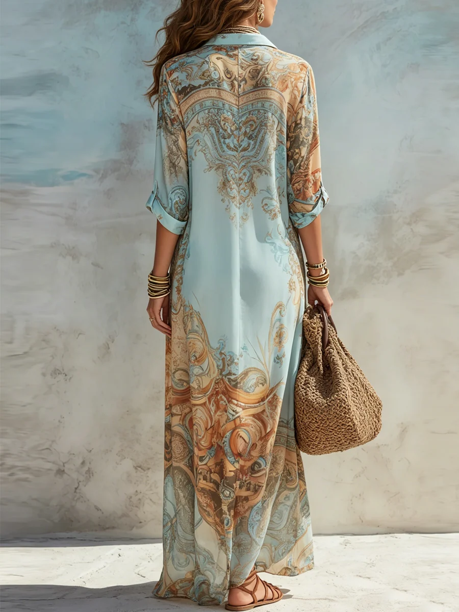 Baroque Print Button Front Long Sleeve Shirt Maxi Dress 4