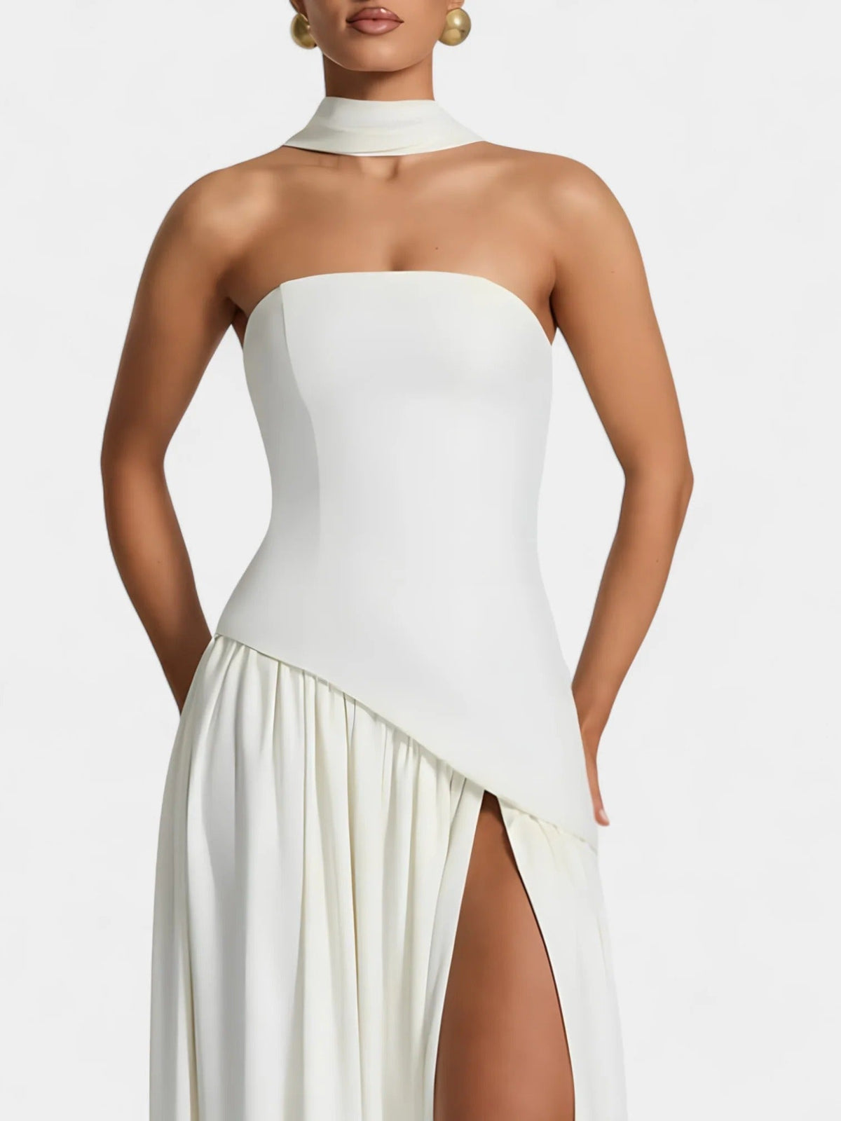 Strapless Scarf Neck Pleated Peplum Maxi Dress 34