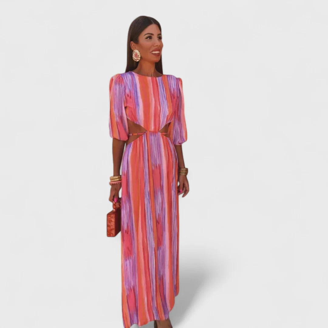 Striped Puff Sleeve Waist Cut Out High Split Maxi Dress