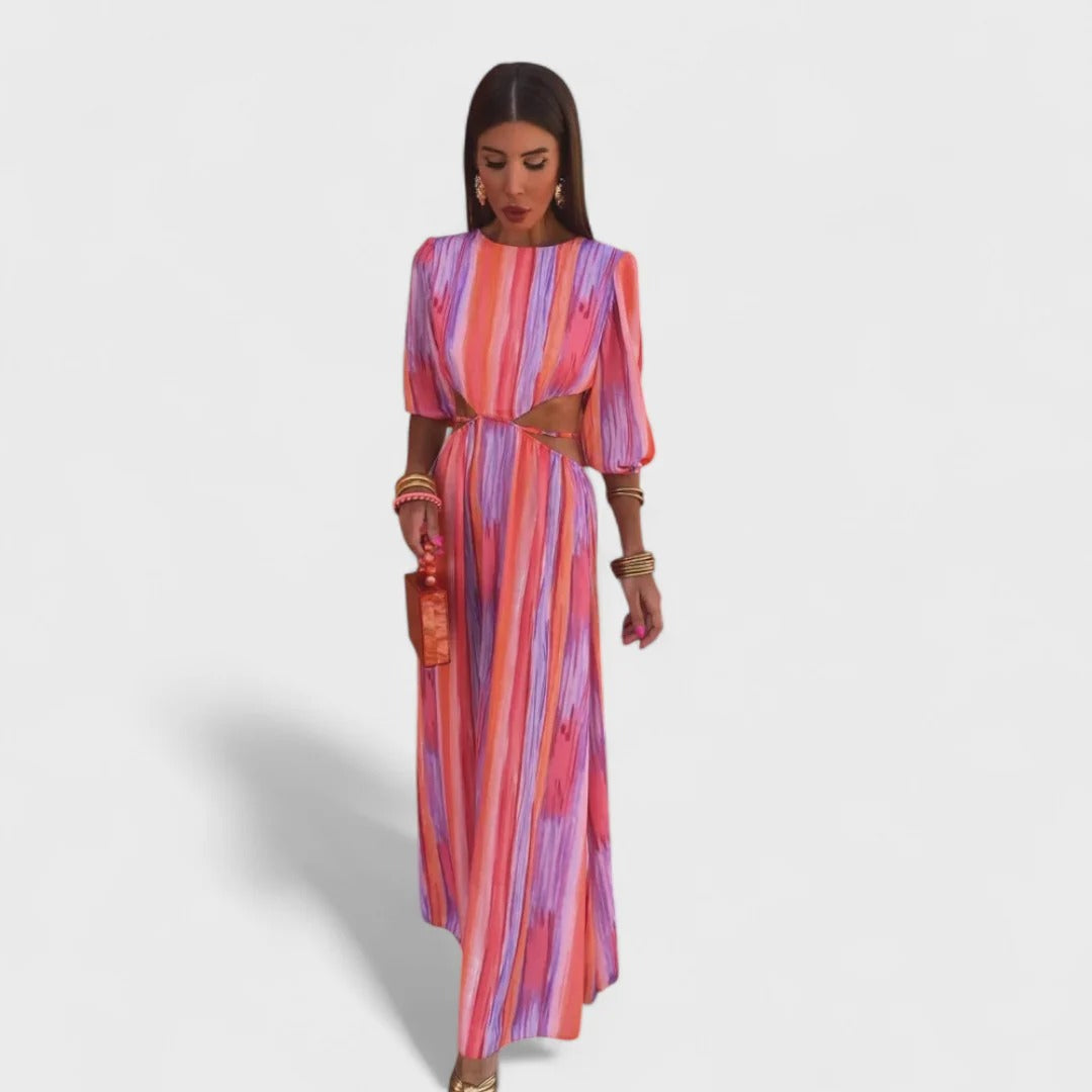 Striped Puff Sleeve Waist Cut Out High Split Maxi Dress 2