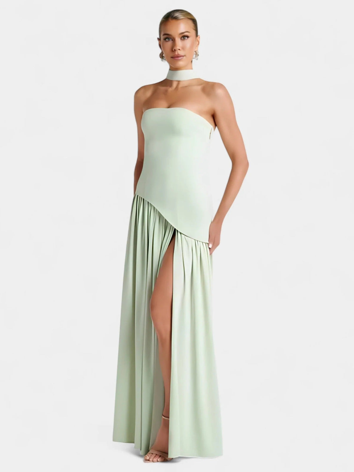 Strapless Scarf Neck Pleated Peplum Maxi Dress 39