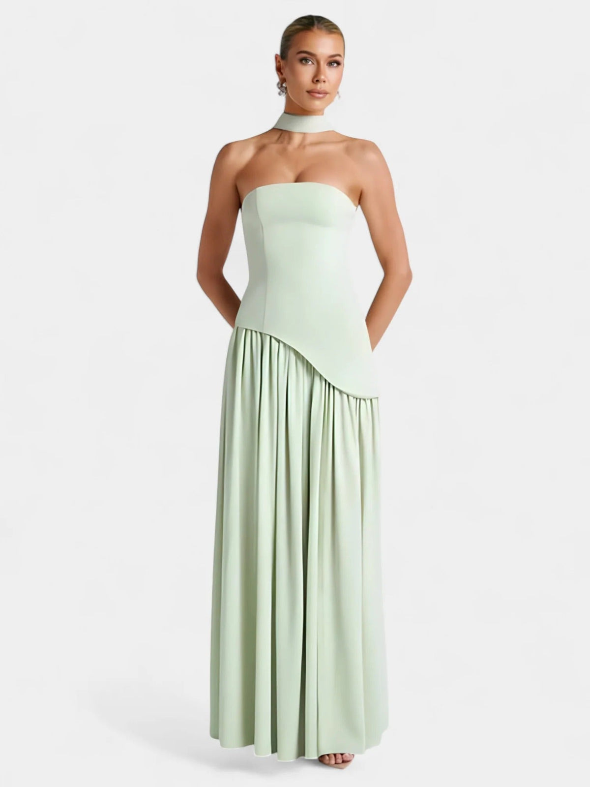 Strapless Scarf Neck Pleated Peplum Maxi Dress 40