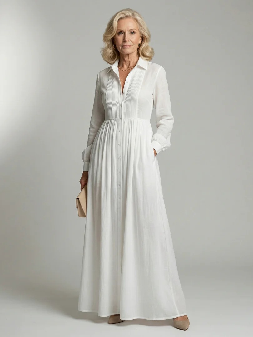 Collared Button Front Long Sleeve Pintuck Shirt Maxi Dress 2