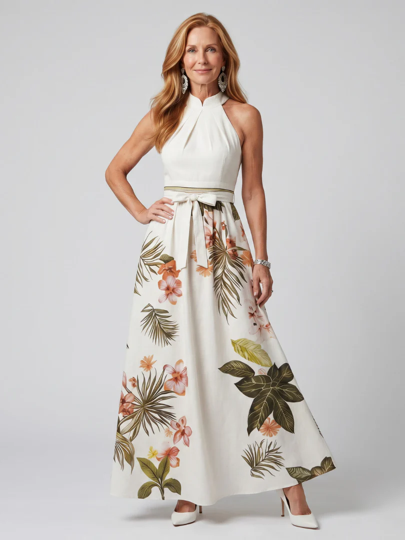 Halter Neck Botanical Print Belted Maxi Dress 2