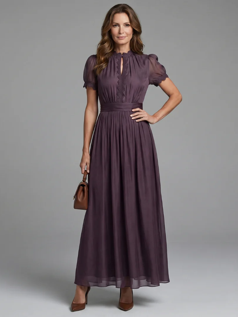 Lace Trim V-Neck Short Sleeve Pleated Chiffon Maxi Dress 2