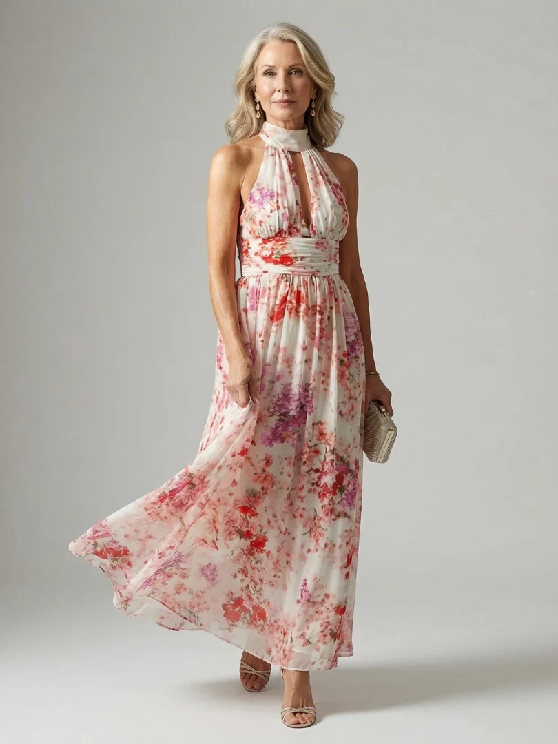 Floral Halter Neck Keyhole Ruched Chiffon Maxi Dress 2
