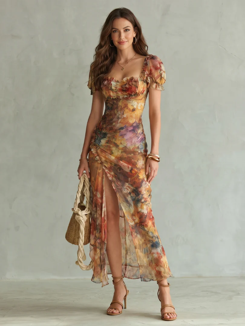 Floral Square Neck Puff Sleeve High Split Maxi Dress 2
