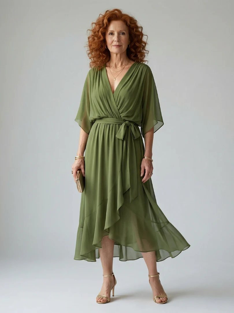 V-Neck Half Sleeve Belted Wrap High Low Midi Dress 4