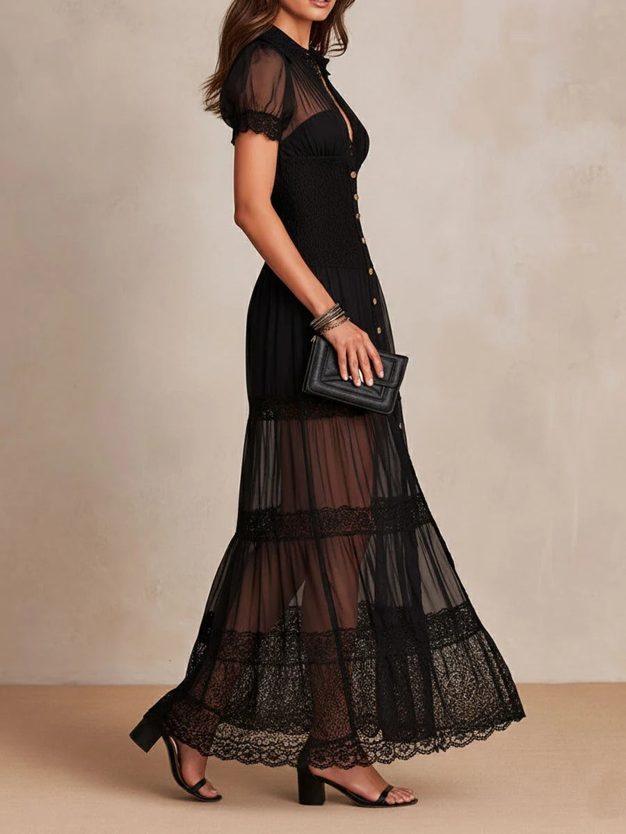 Sheer Mesh Lace Trim Button Front Smocked Waist Maxi Dress 5