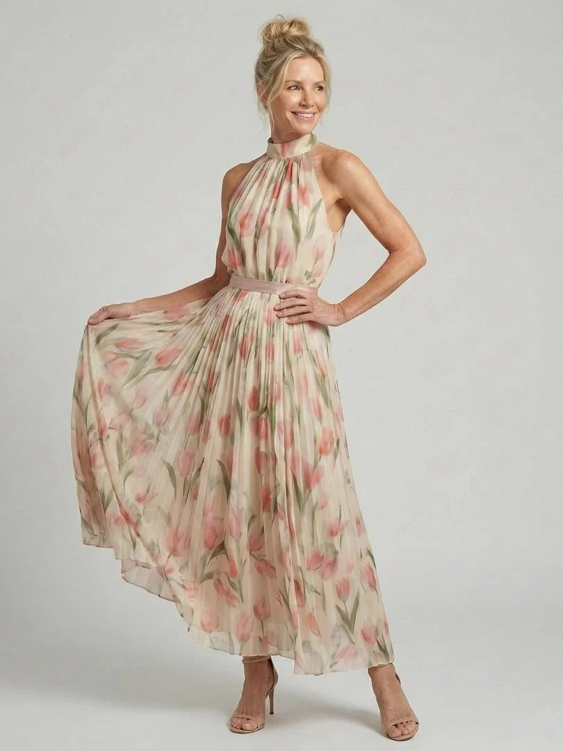 Floral Halter Neck Pleated Maxi Dress 2