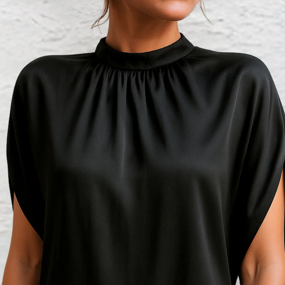 Mock Neck Short Sleeve Satin Look Shift Mini Dress 3