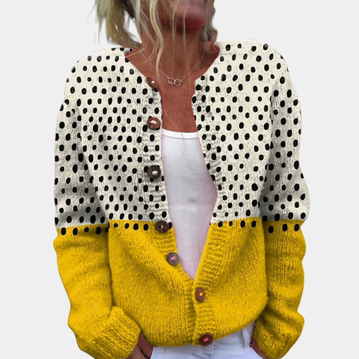Polka Dot Colorblock Button Front Knit Cardigan
