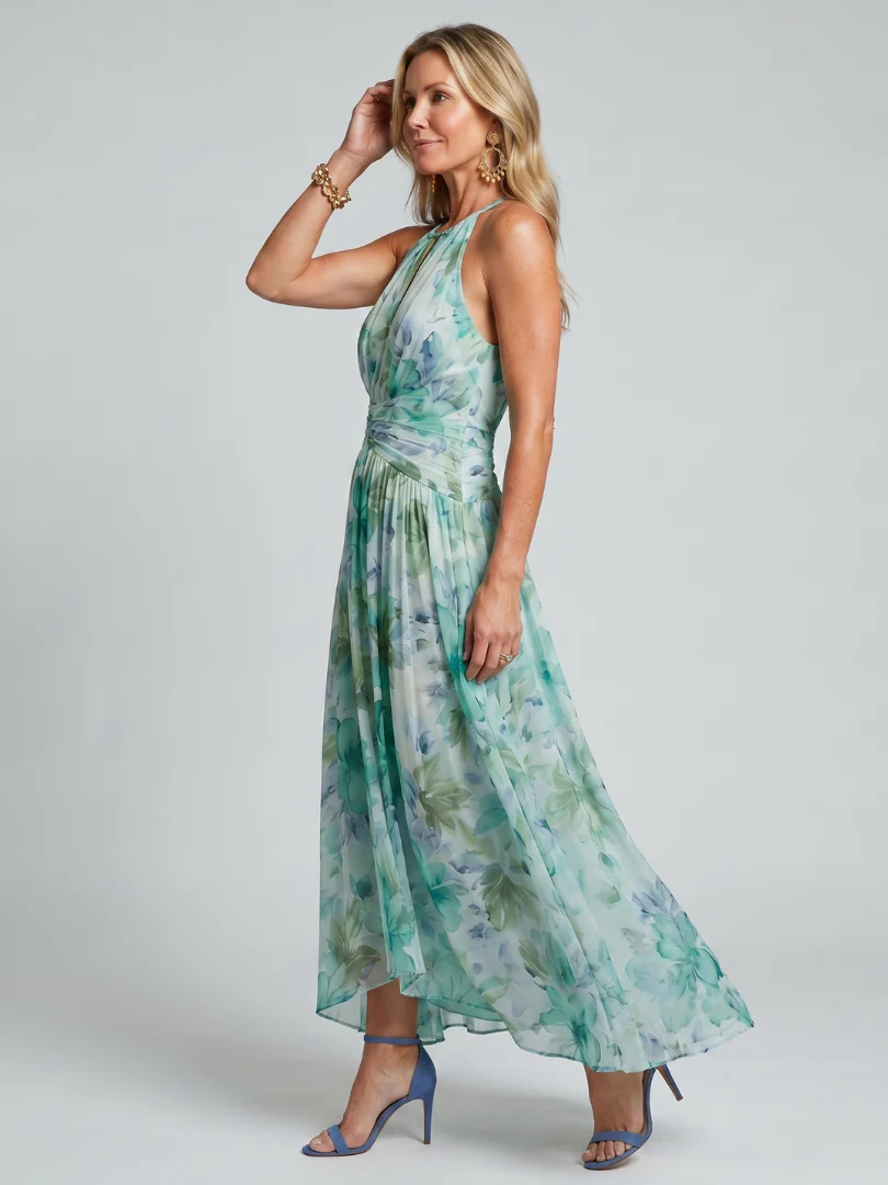 Floral Halter Neck Keyhole Pleated Chiffon Maxi Dress 5
