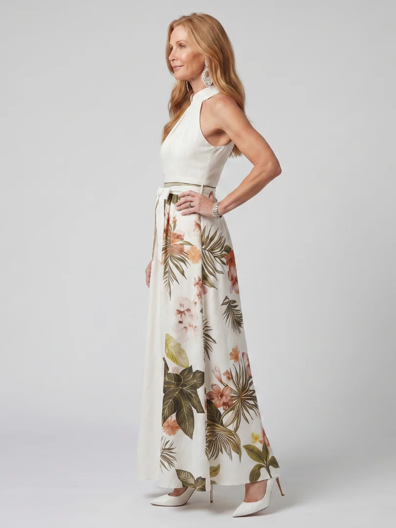 Halter Neck Botanical Print Belted Maxi Dress 4
