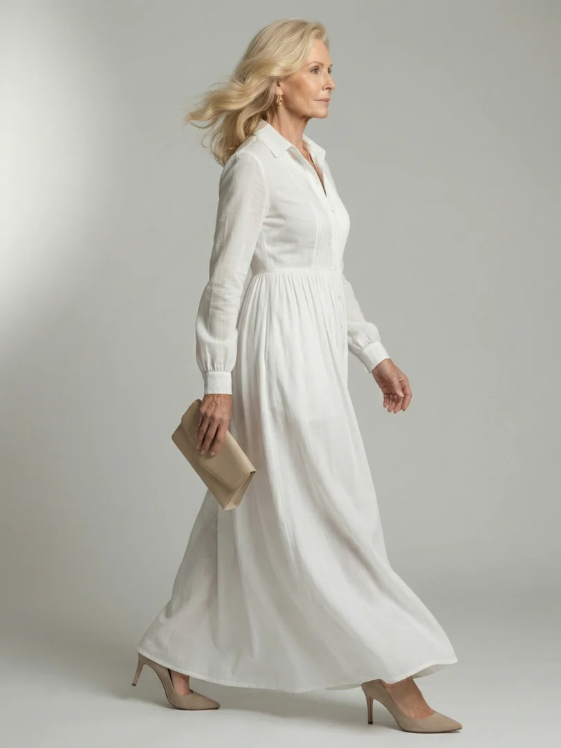Collared Button Front Long Sleeve Pintuck Shirt Maxi Dress 3