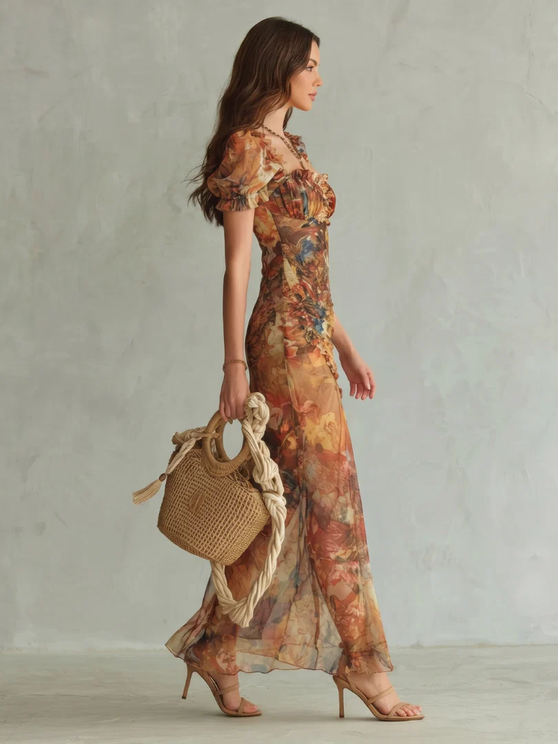 Floral Square Neck Puff Sleeve High Split Maxi Dress 3