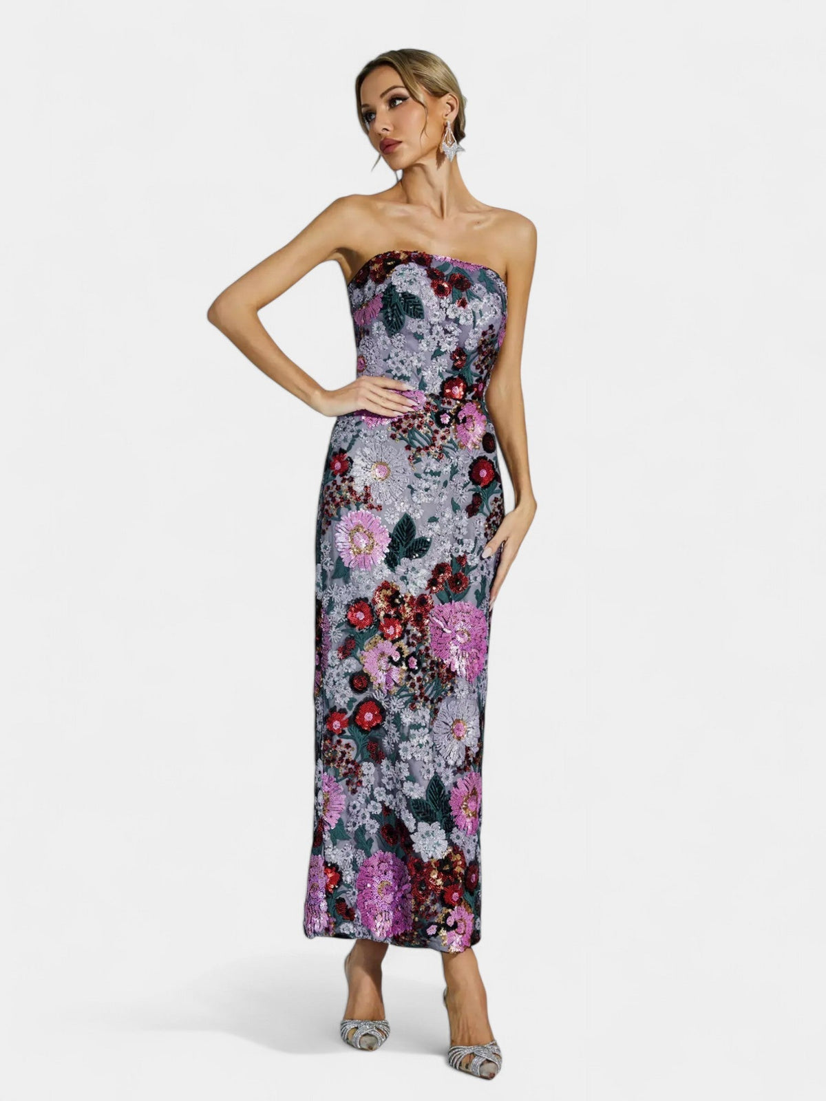 Strapless Floral Sequin Sheer Hem Maxi Dress 2