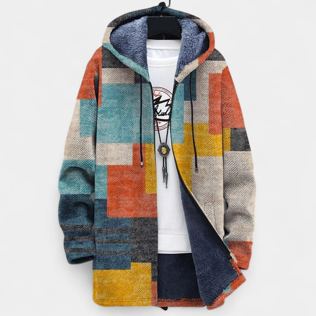 Colorblock Geometric Hooded Fleece Lined Cardigan Jacket