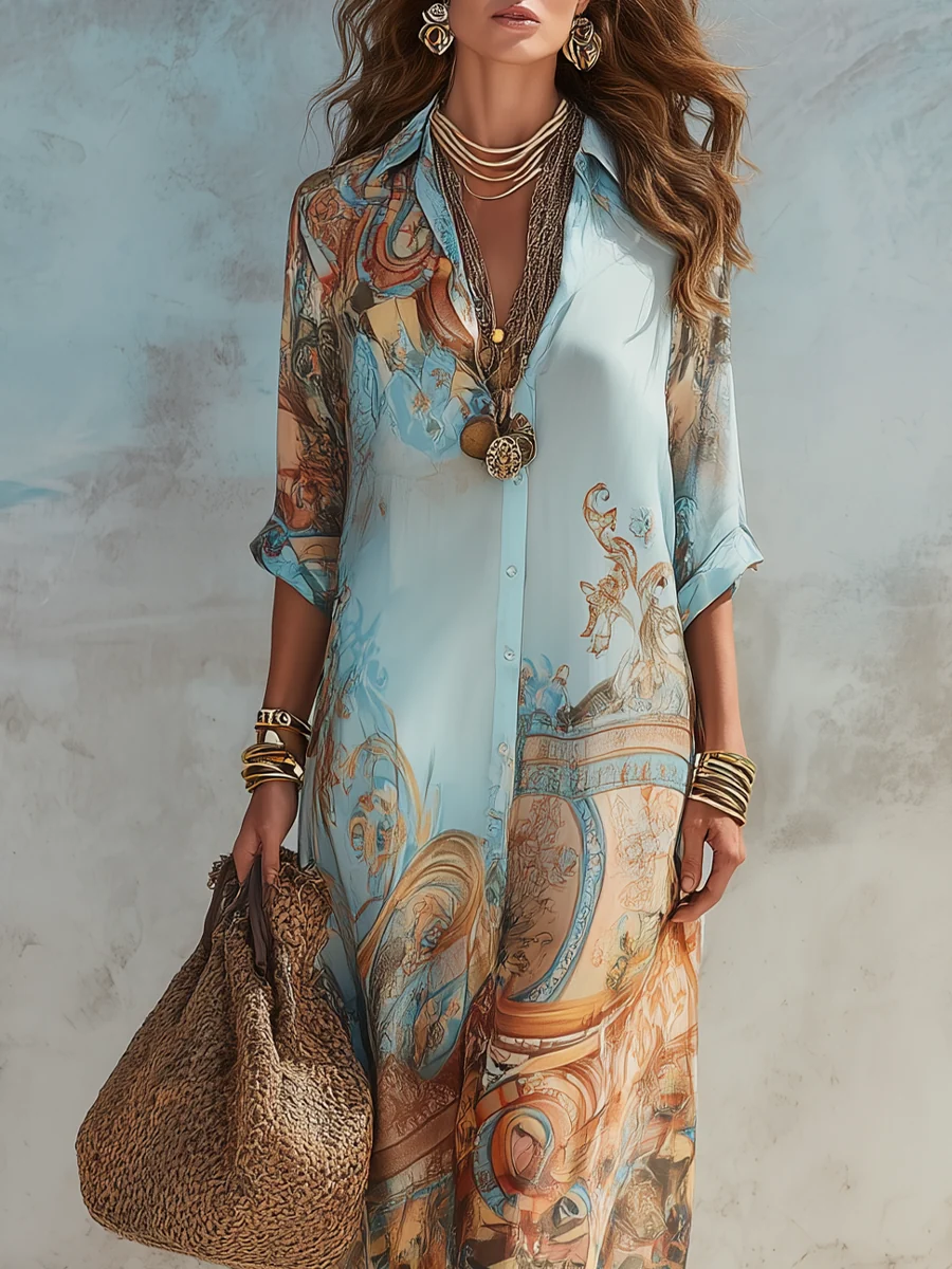 Baroque Print Button Front Long Sleeve Shirt Maxi Dress 6