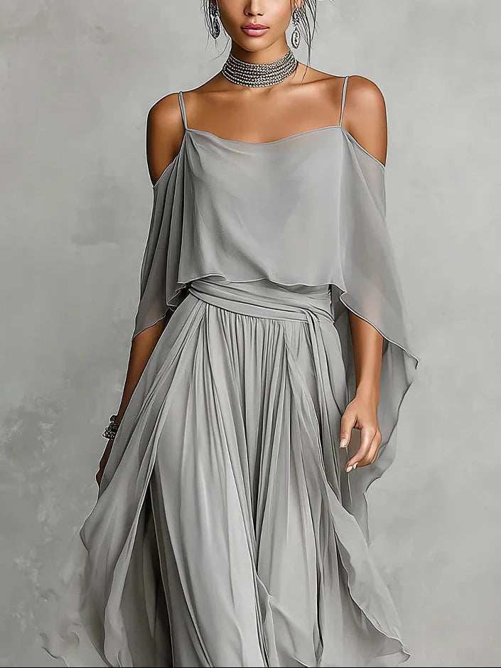 Cold Shoulder Ruffle Top and Draped Maxi Skirt Two Piece Set 3