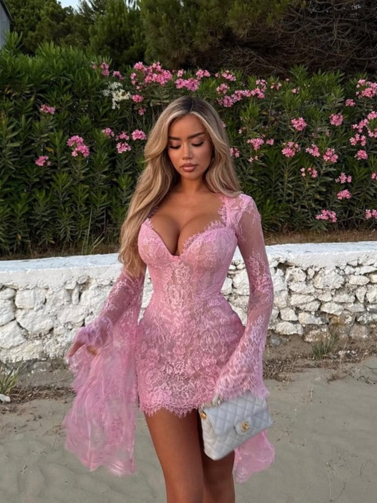 Whispers of Blush Lace Bell Sleeve Mini Dress - View 5