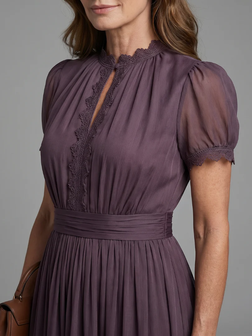 Lace Trim V-Neck Short Sleeve Pleated Chiffon Maxi Dress 4